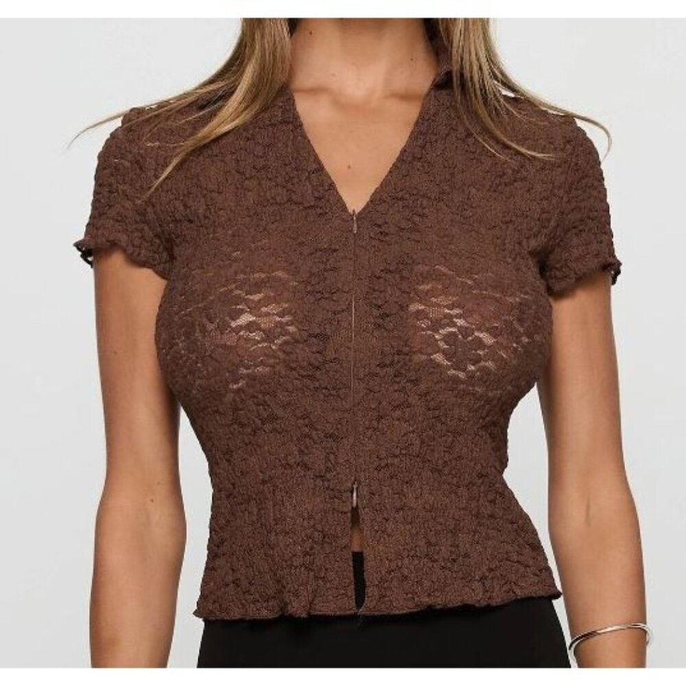 Princess Polly Best Shot Collared Top Women Size 2 NWT Short Sleeve Brown